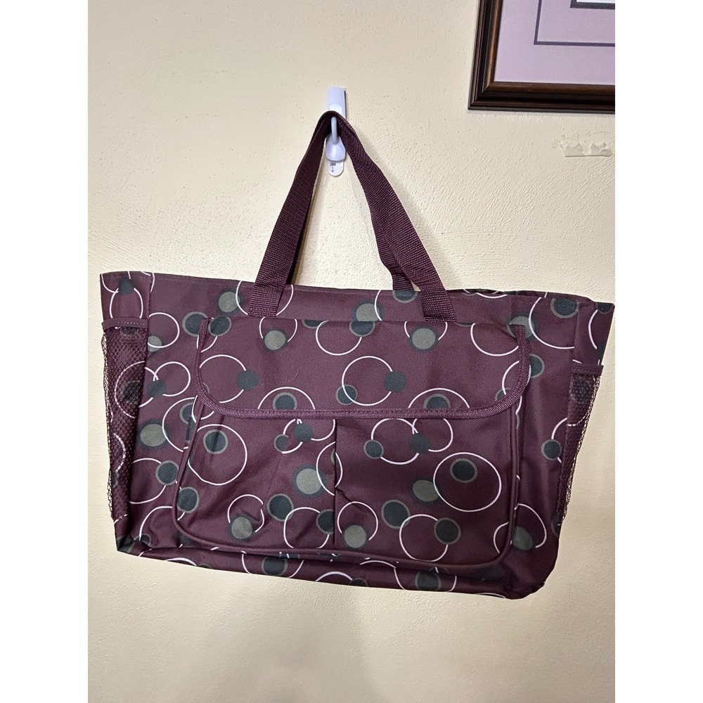 Burgundy Geometric Circle Print Utility Tote Bag with Mesh Pockets Organizer